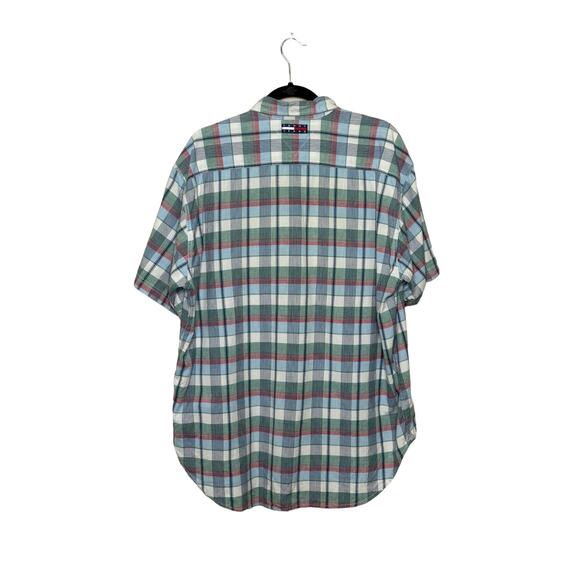 Tommy Hilfiger blue green plaid short sleeves button men shirts size L - Picture 5 of 6